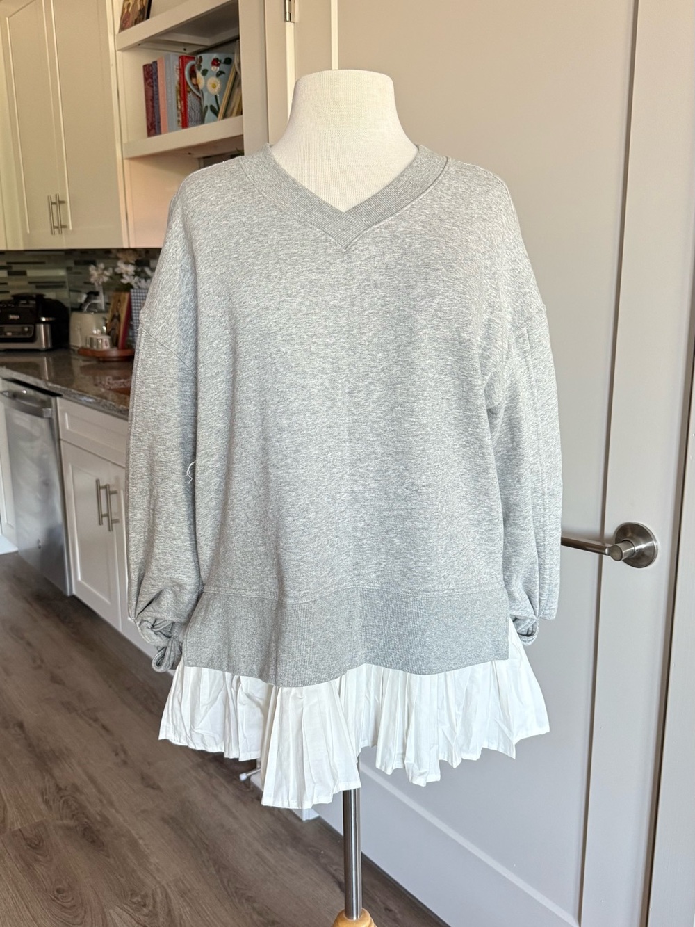 NWT Anthropologie Gray V-Neck Sweatshirt Tunic with White Ruffle Hem